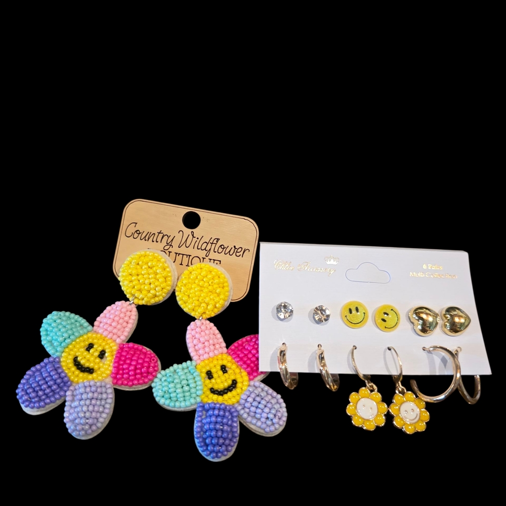 Flower Beaded Smile Face Earring Bundle